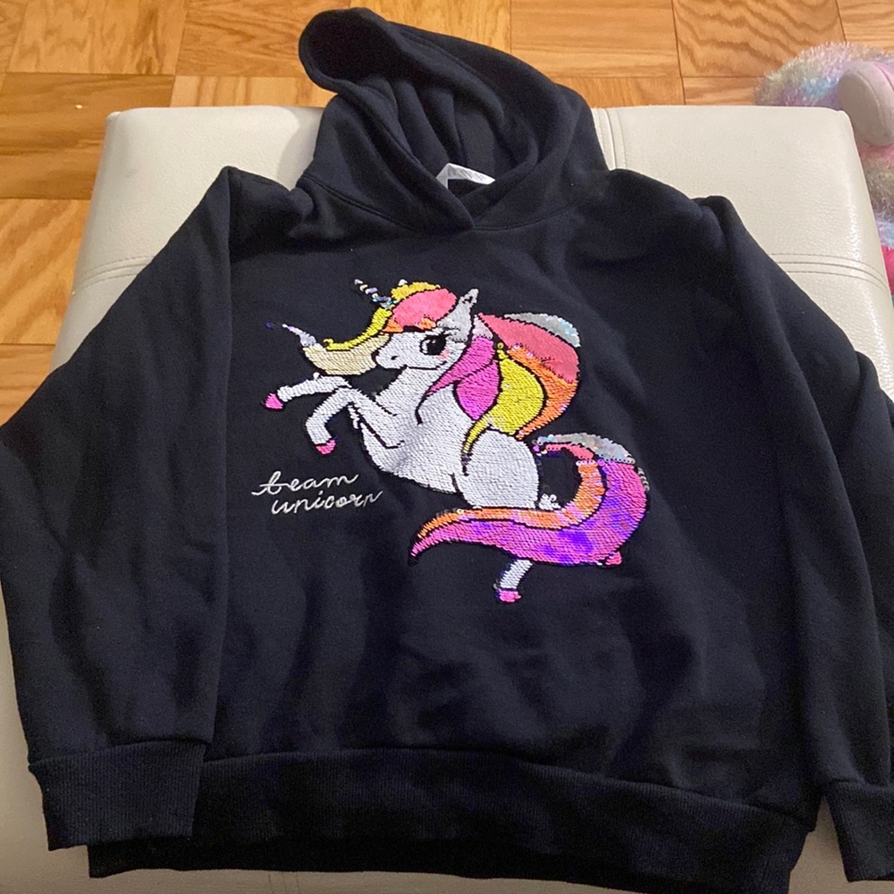 Girls Black Hoodie with sequin Unicorn